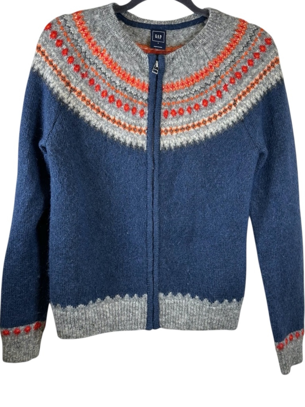 Gap Nordic Full Zip Cardigan Sweater Small Blue Fair Isle Soft Wool Mohair Blend